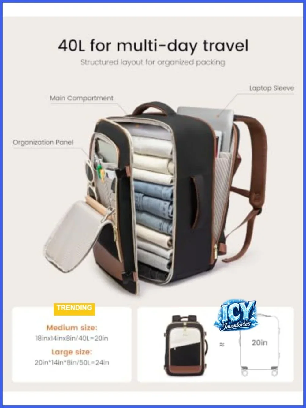 40L Travel Backpack for Women, Carry On Flight Approved, Waterproof Laptop
